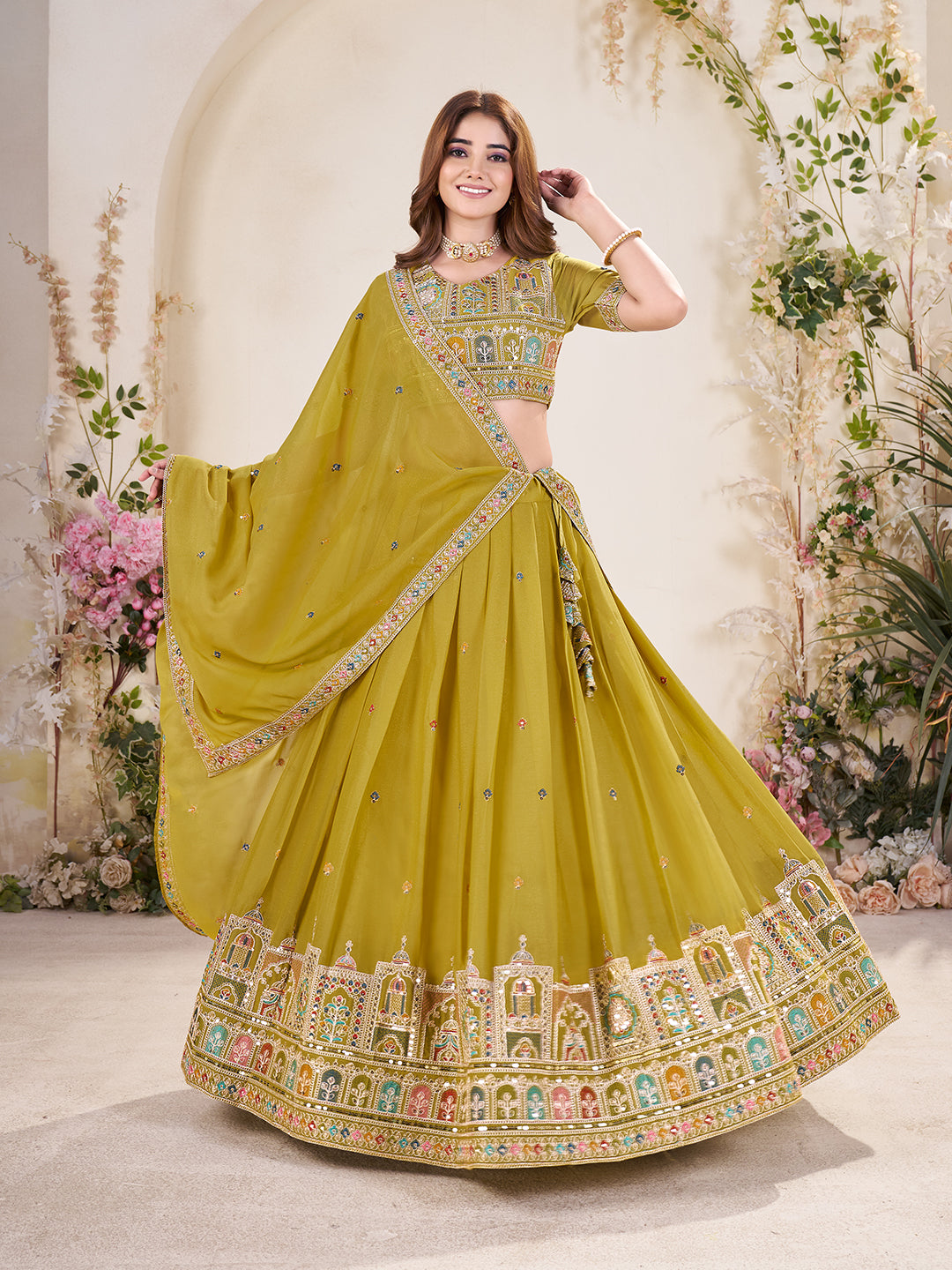 Embellished Sequinned Semi-Stitched Lehenga with Unstitched Blouse & Dupatta Set