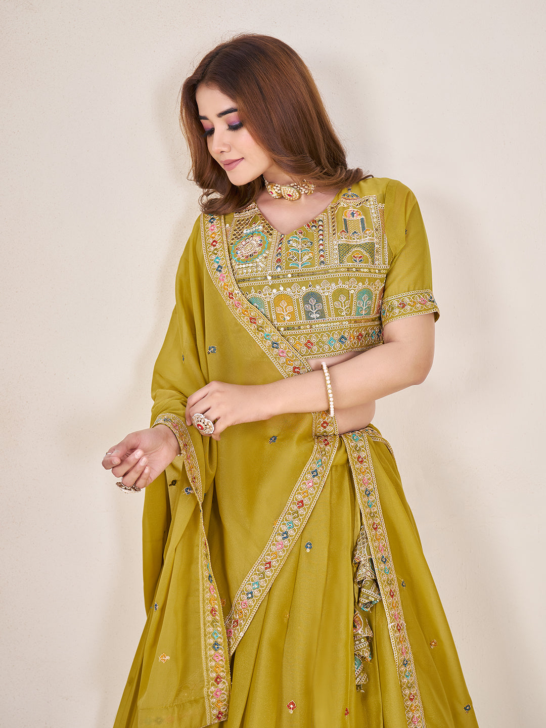 Embellished Sequinned Semi-Stitched Lehenga with Unstitched Blouse & Dupatta Set