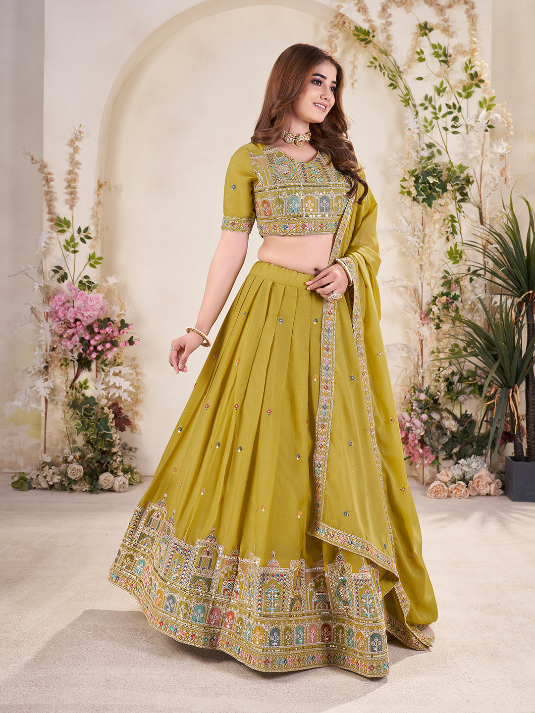 Embellished Sequinned Semi-Stitched Lehenga with Unstitched Blouse & Dupatta Set