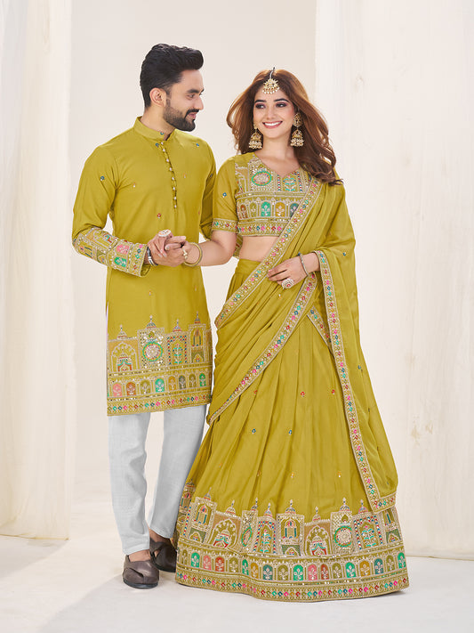 Shopgarb Lime Green Embroidered Lehenga & Matching Men's Kurta Set
