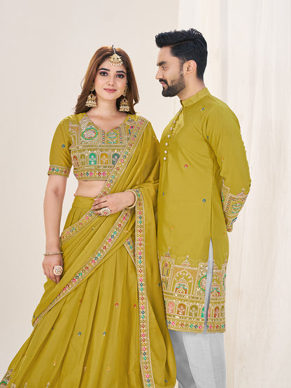 Shopgarb Lime Green Embroidered Lehenga & Matching Men's Kurta Set