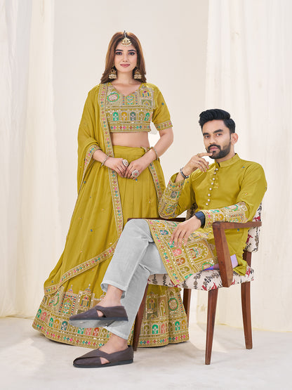 Shopgarb Lime Green Embroidered Lehenga & Matching Men's Kurta Set