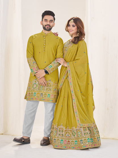 Shopgarb Lime Green Embroidered Lehenga & Matching Men's Kurta Set