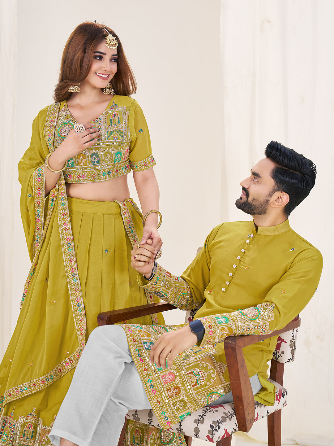 Shopgarb Lime Green Embroidered Lehenga & Matching Men's Kurta Set