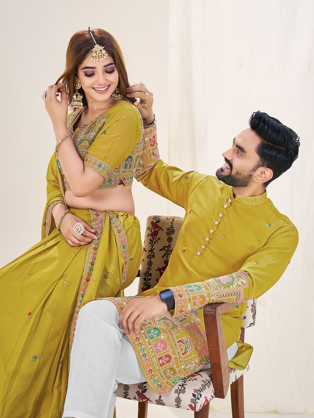 Shopgarb Lime Green Embroidered Lehenga & Matching Men's Kurta Set
