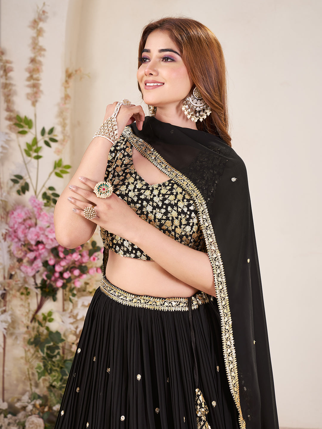 Embellished Sequinned Semi-Stitched Lehenga with Unstitched Blouse & Dupatta Set