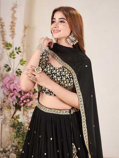 Embellished Sequinned Semi-Stitched Lehenga with Unstitched Blouse & Dupatta Set