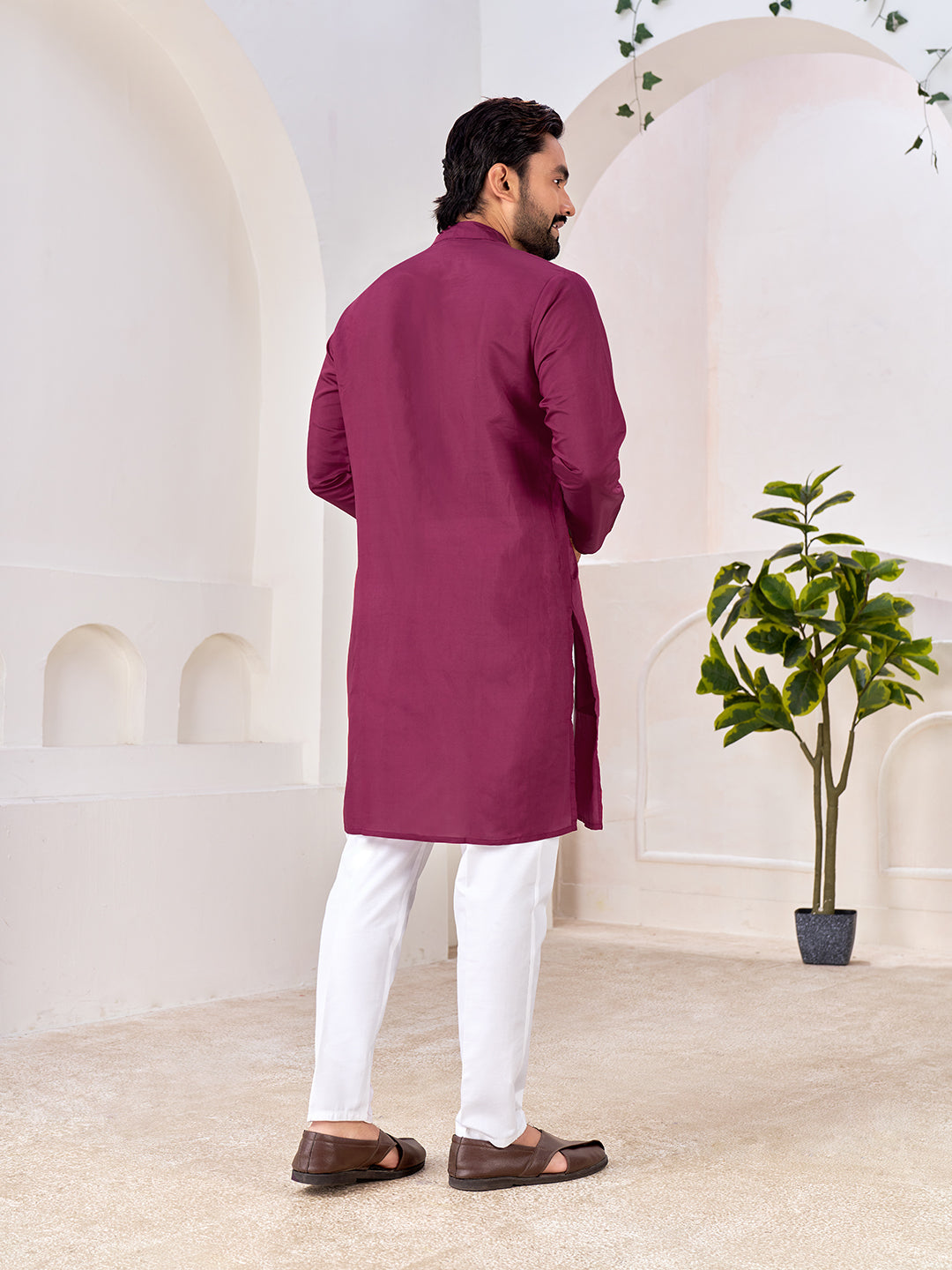 Shopgarb Men’s Ethnic Wine Roman Silk Kurta with Front Embroidery