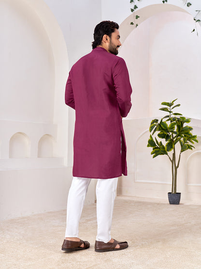 Shopgarb Men’s Ethnic Wine Roman Silk Kurta with Front Embroidery