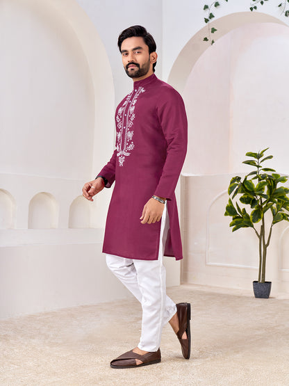 Shopgarb Men’s Ethnic Wine Roman Silk Kurta with Front Embroidery
