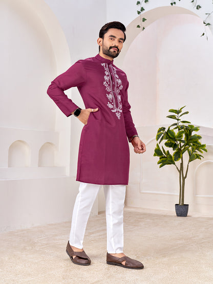 Shopgarb Men’s Ethnic Wine Roman Silk Kurta with Front Embroidery