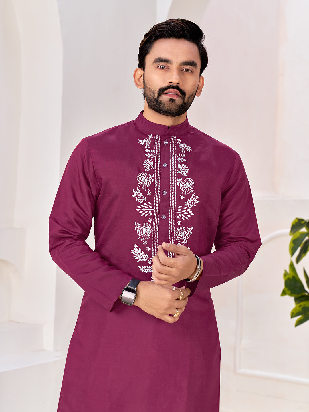 Shopgarb Men’s Ethnic Wine Roman Silk Kurta with Front Embroidery