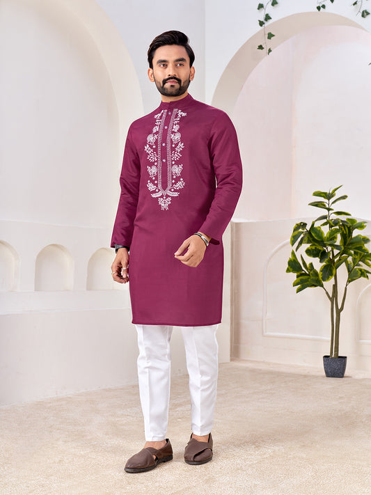 Shopgarb Men’s Ethnic Wine Roman Silk Kurta with Front Embroidery