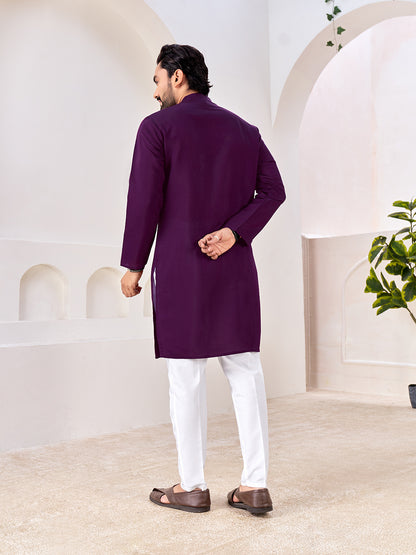 Shopgarb Men’s Ethnic Dark Purple Roman Silk Kurta with Front Embroidery