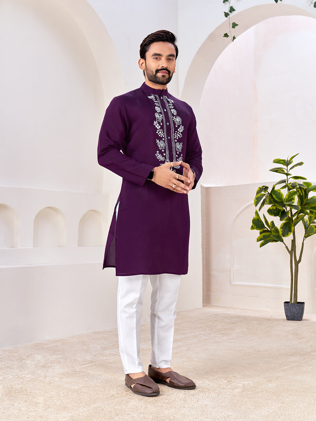 Shopgarb Men’s Ethnic Dark Purple Roman Silk Kurta with Front Embroidery