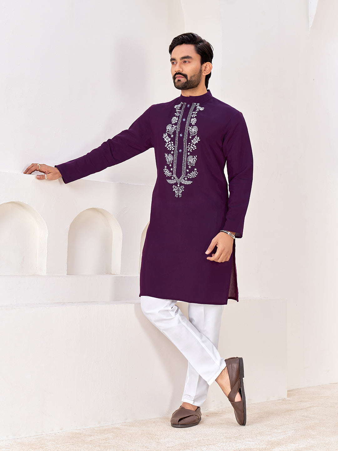 Shopgarb Men’s Ethnic Dark Purple Roman Silk Kurta with Front Embroidery