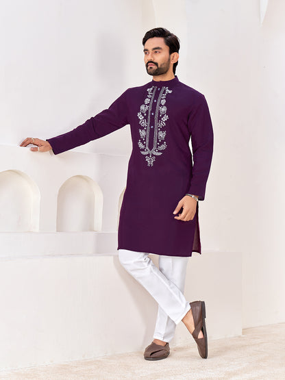 Shopgarb Men’s Ethnic Dark Purple Roman Silk Kurta with Front Embroidery