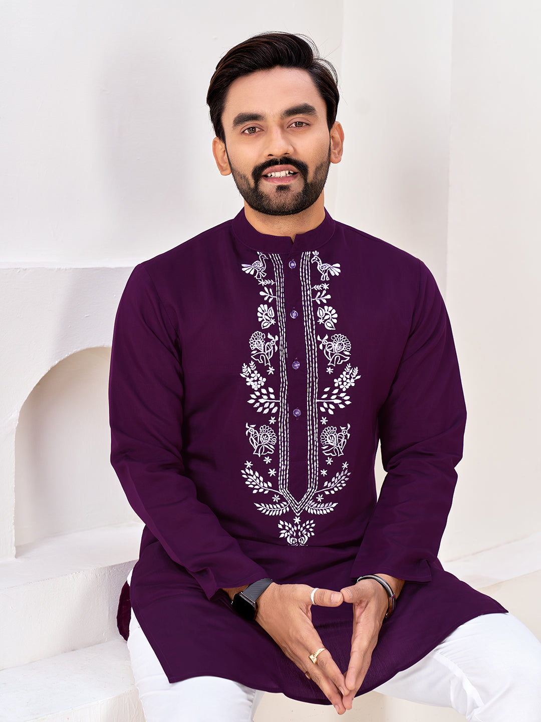 Shopgarb Men’s Ethnic Dark Purple Roman Silk Kurta with Front Embroidery