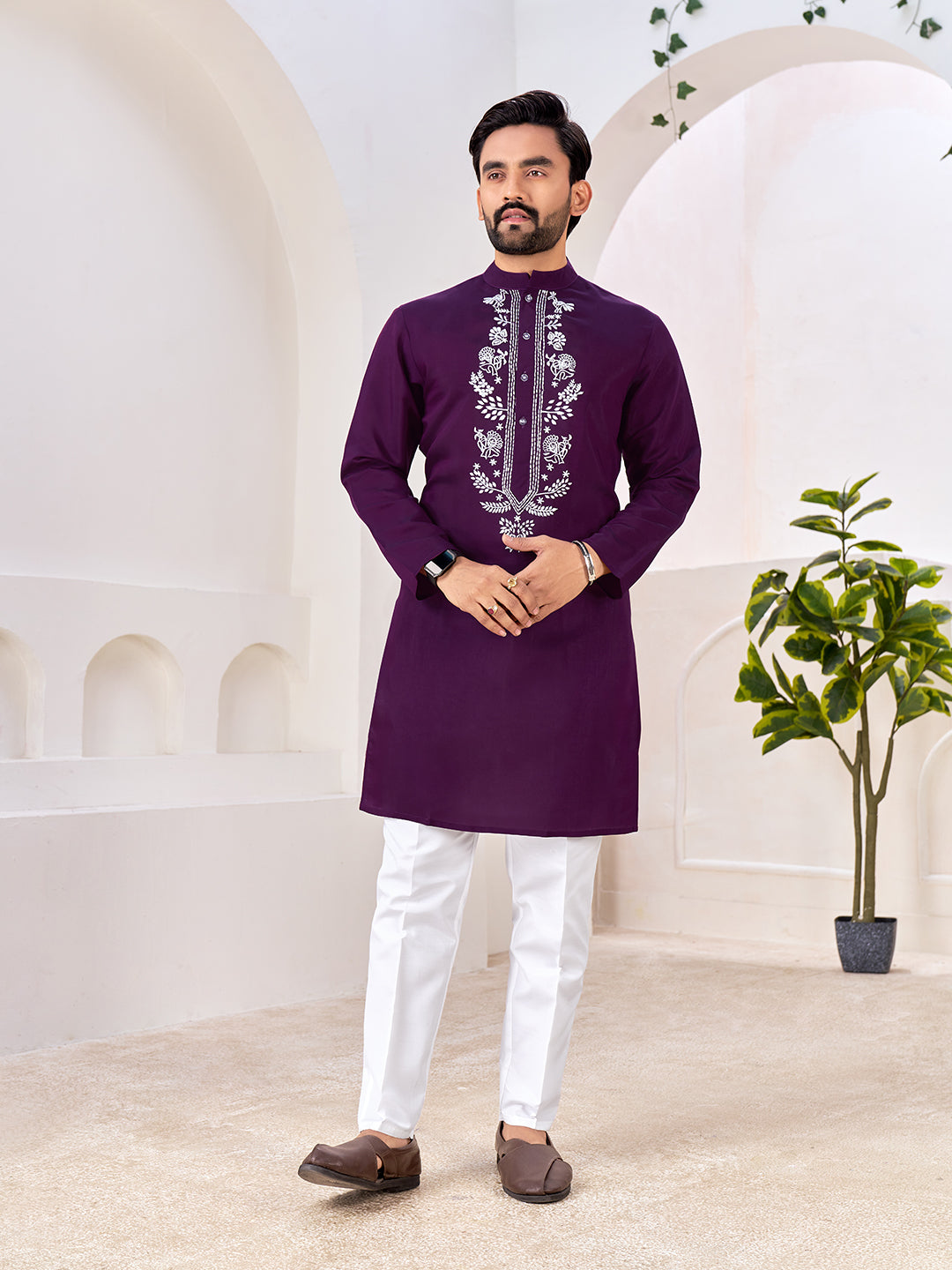 Shopgarb Men’s Ethnic Dark Purple Roman Silk Kurta with Front Embroidery