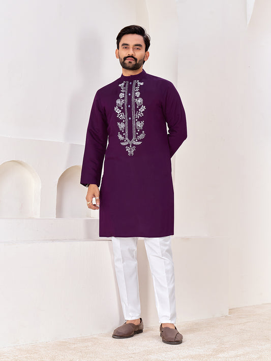 Shopgarb Men’s Ethnic Dark Purple Roman Silk Kurta with Front Embroidery