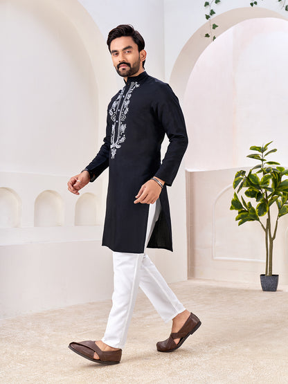 Shopgarb Men’s Ethnic Black Roman Silk Kurta with Front Embroidery
