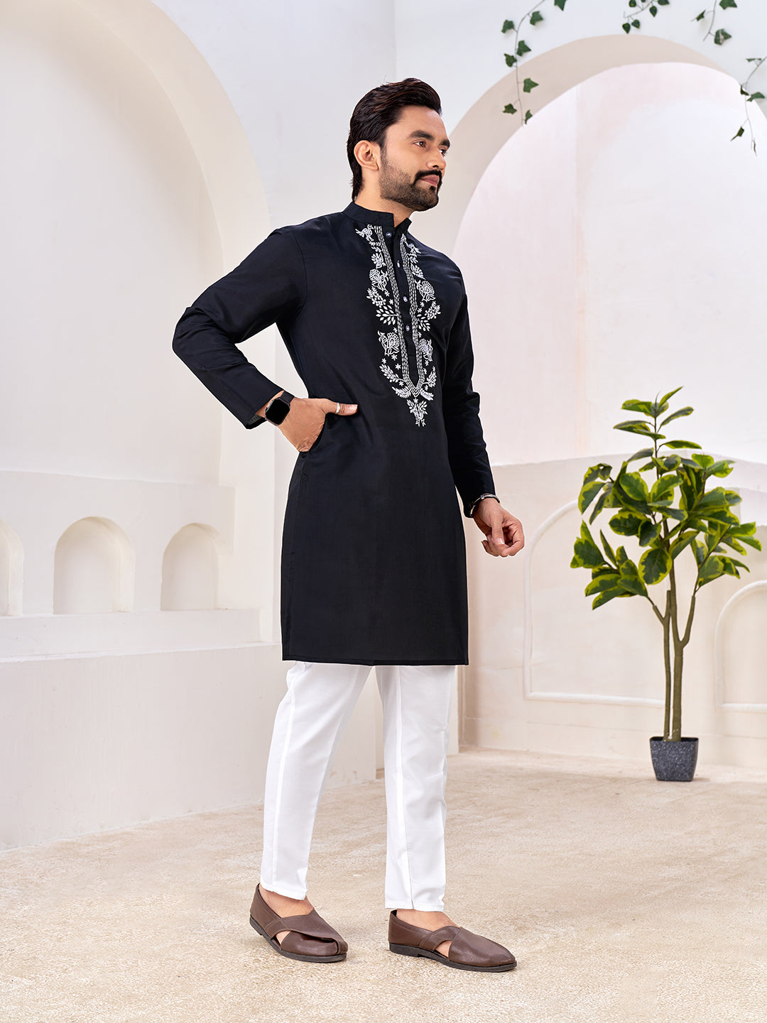 Shopgarb Men’s Ethnic Black Roman Silk Kurta with Front Embroidery