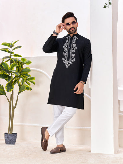 Shopgarb Men’s Ethnic Black Roman Silk Kurta with Front Embroidery