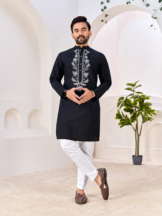 Shopgarb Men’s Ethnic Black Roman Silk Kurta with Front Embroidery