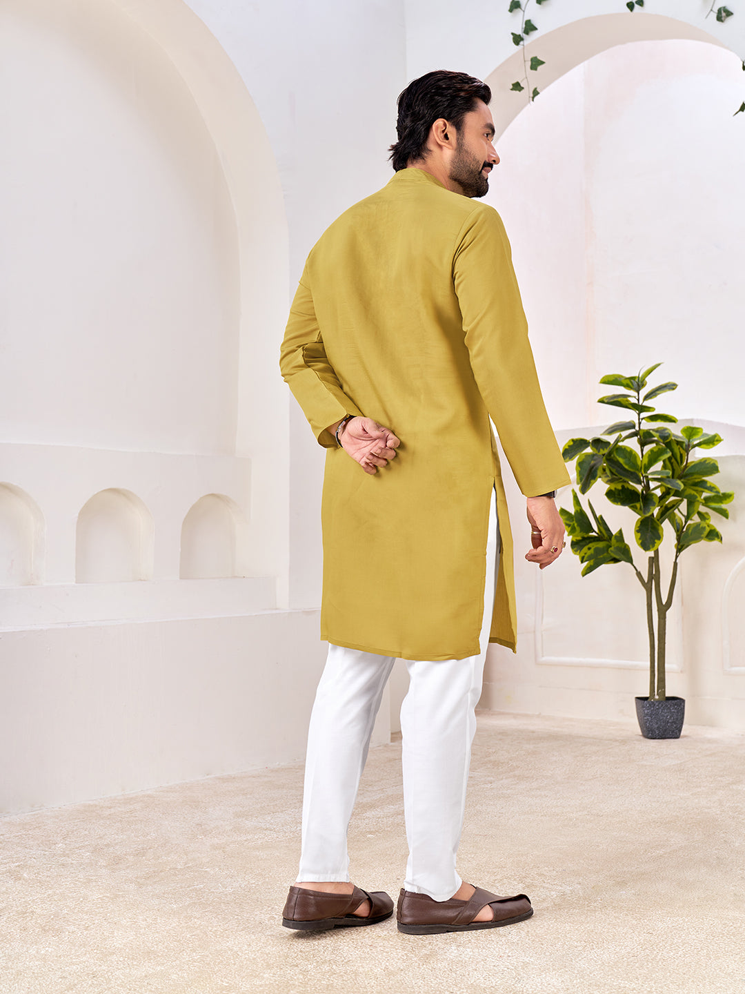 Shopgarb Men’s Ethnic Mustard Yellow Roman Silk Kurta with Front Embroidery