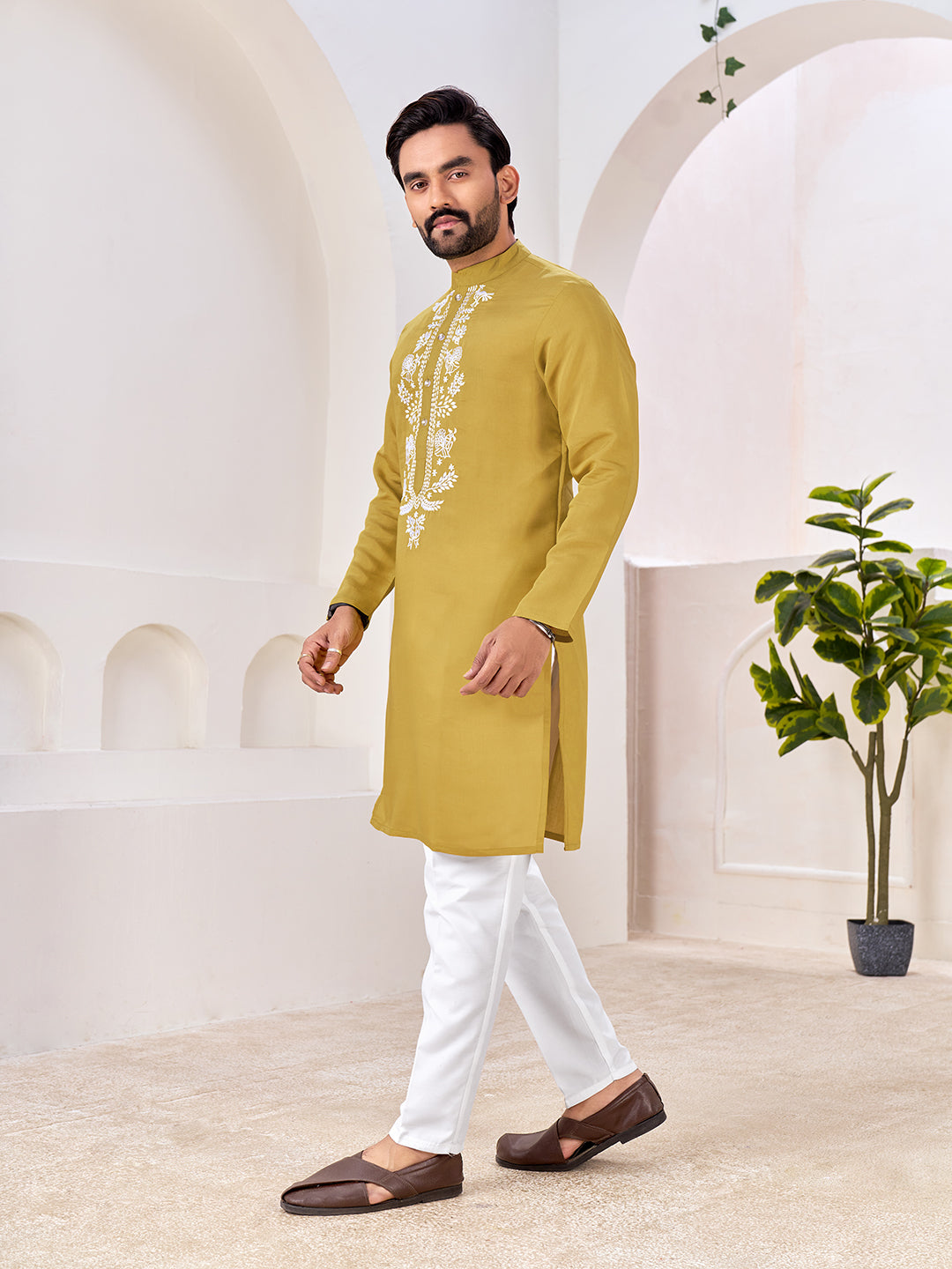 Shopgarb Men’s Ethnic Mustard Yellow Roman Silk Kurta with Front Embroidery