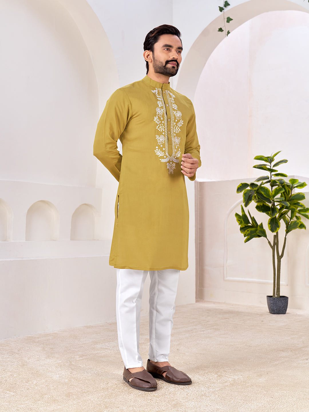 Shopgarb Men’s Ethnic Mustard Yellow Roman Silk Kurta with Front Embroidery