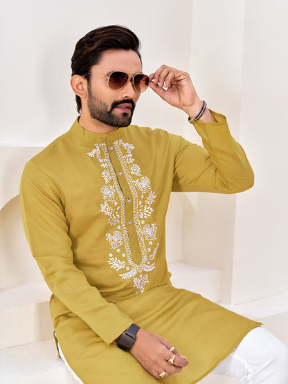 Shopgarb Men’s Ethnic Mustard Yellow Roman Silk Kurta with Front Embroidery