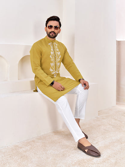 Shopgarb Men’s Ethnic Mustard Yellow Roman Silk Kurta with Front Embroidery