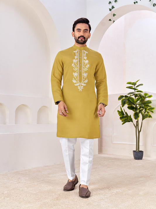 Shopgarb Men’s Ethnic Mustard Yellow Roman Silk Kurta with Front Embroidery