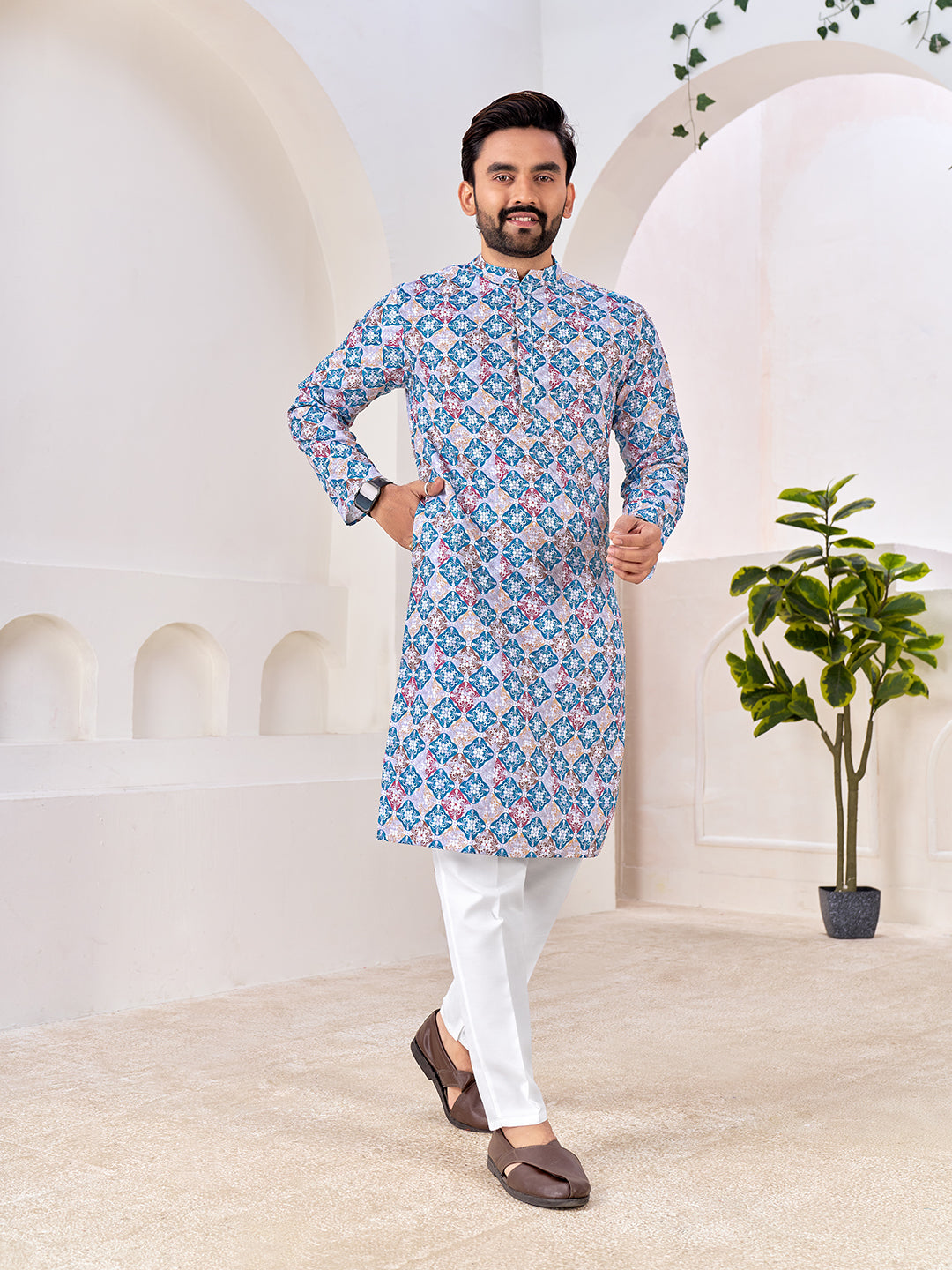 Shopgarb Men's Stylish Cotton Multi color Printed Kurta for Festive & Casual Wear