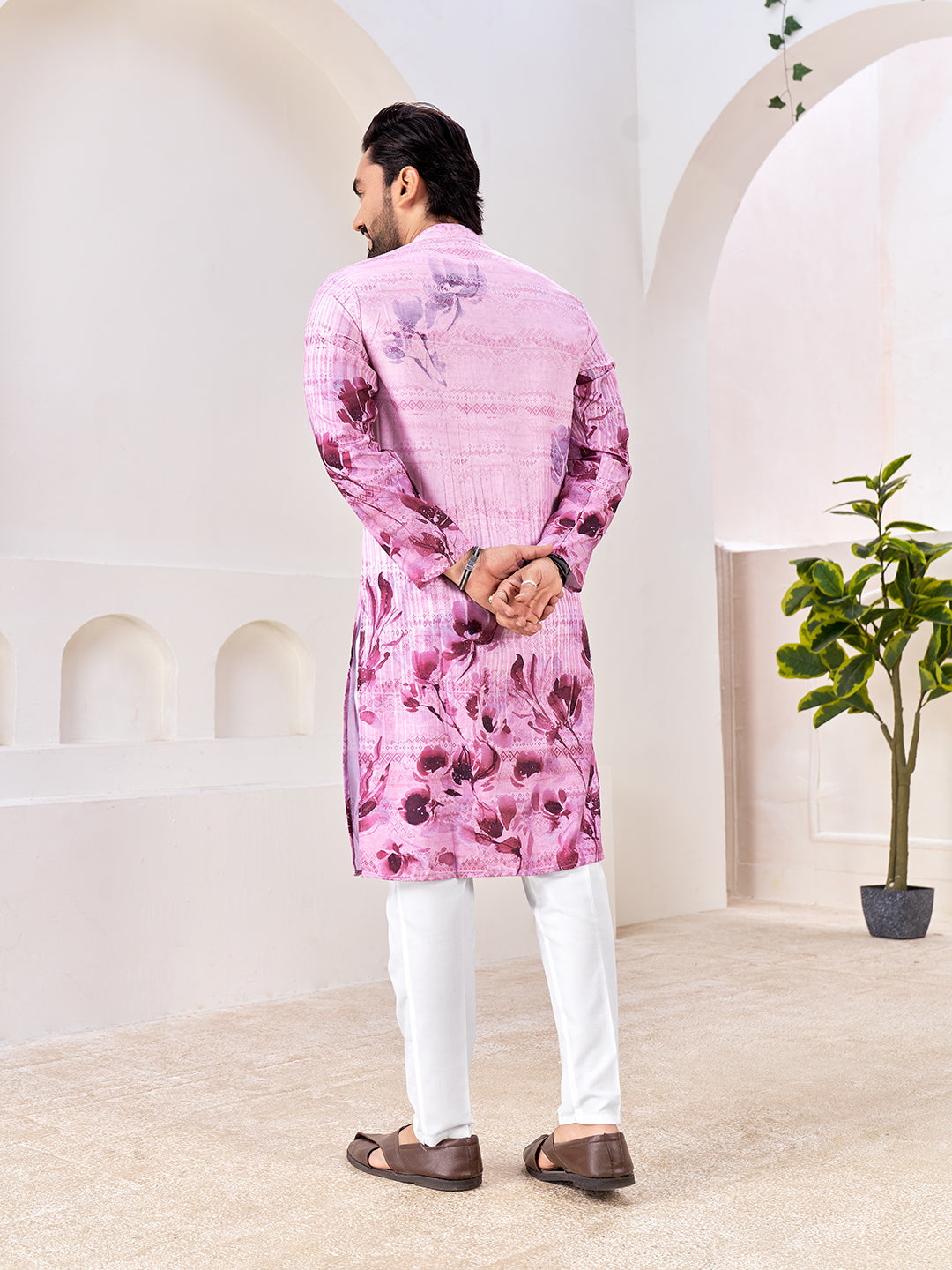 Shopgarb Men's Stylish Pink & Purple Floral Printed Cotton Kurta for Festive & Casual Wear