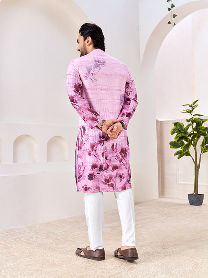Shopgarb Men's Stylish Pink & Purple Floral Printed Cotton Kurta for Festive & Casual Wear