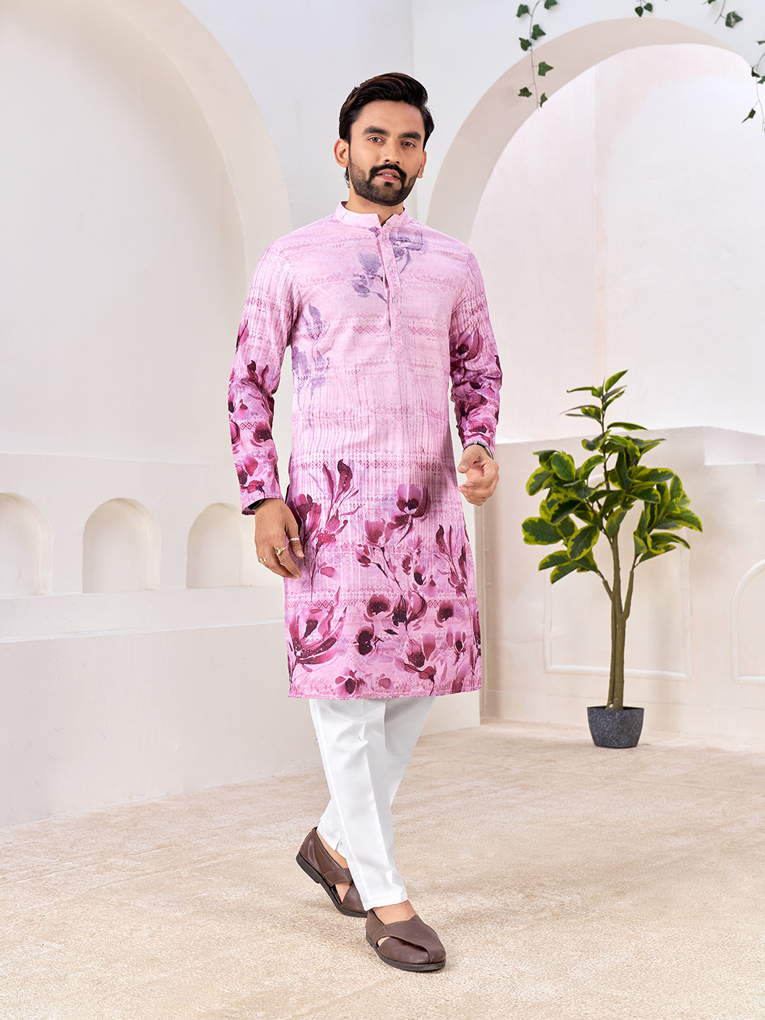 Shopgarb Men's Stylish Pink & Purple Floral Printed Cotton Kurta for Festive & Casual Wear