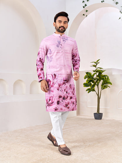 Shopgarb Men's Stylish Pink & Purple Floral Printed Cotton Kurta for Festive & Casual Wear
