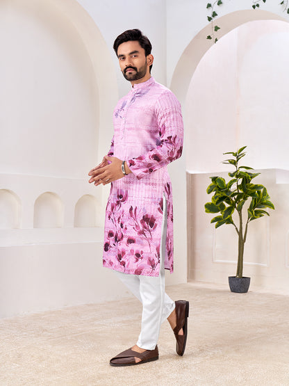 Shopgarb Men's Stylish Pink & Purple Floral Printed Cotton Kurta for Festive & Casual Wear