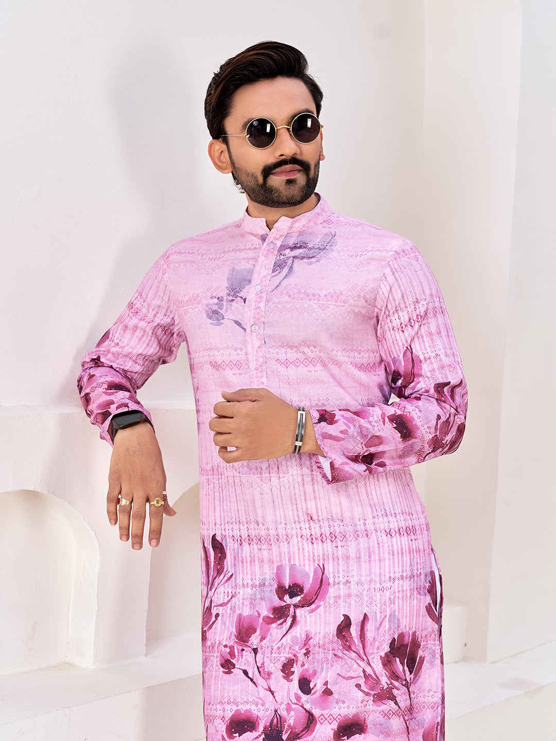Shopgarb Men's Stylish Pink & Purple Floral Printed Cotton Kurta for Festive & Casual Wear