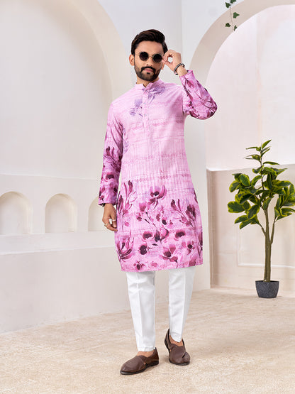 Shopgarb Men's Stylish Pink & Purple Floral Printed Cotton Kurta for Festive & Casual Wear
