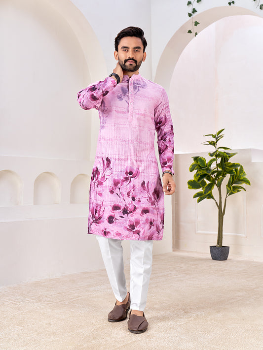 Shopgarb Men's Stylish Pink & Purple Floral Printed Cotton Kurta for Festive & Casual Wear