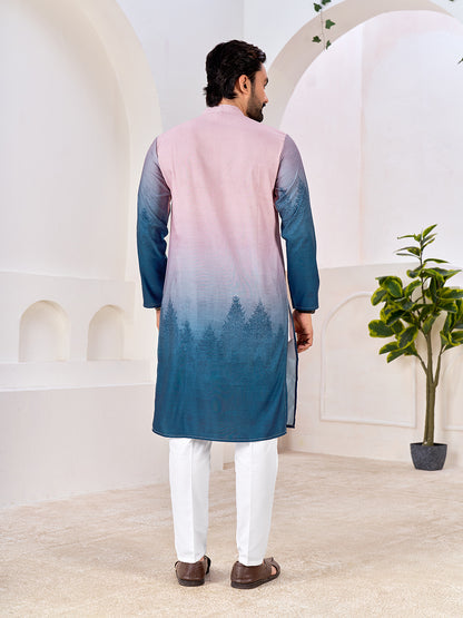 Shopgarb Men's Stylish Pink & Blue Cotton Printed Kurta