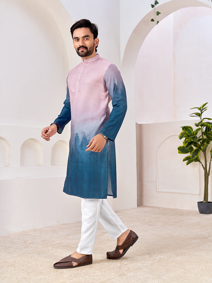 Shopgarb Men's Stylish Pink & Blue Cotton Printed Kurta