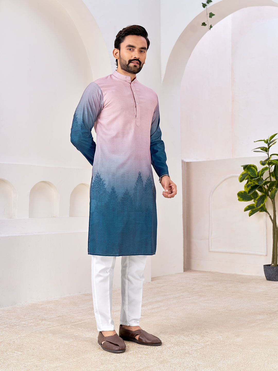 Shopgarb Men's Stylish Pink & Blue Cotton Printed Kurta