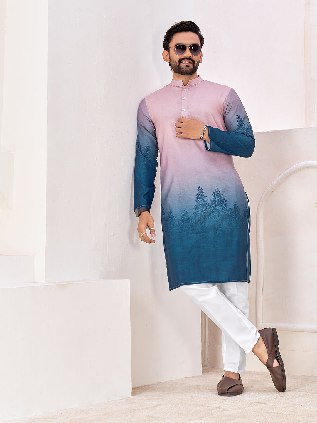 Shopgarb Men's Stylish Pink & Blue Cotton Printed Kurta