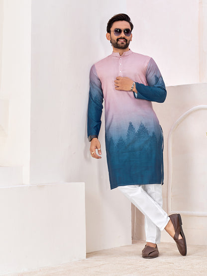 Shopgarb Men's Stylish Pink & Blue Cotton Printed Kurta