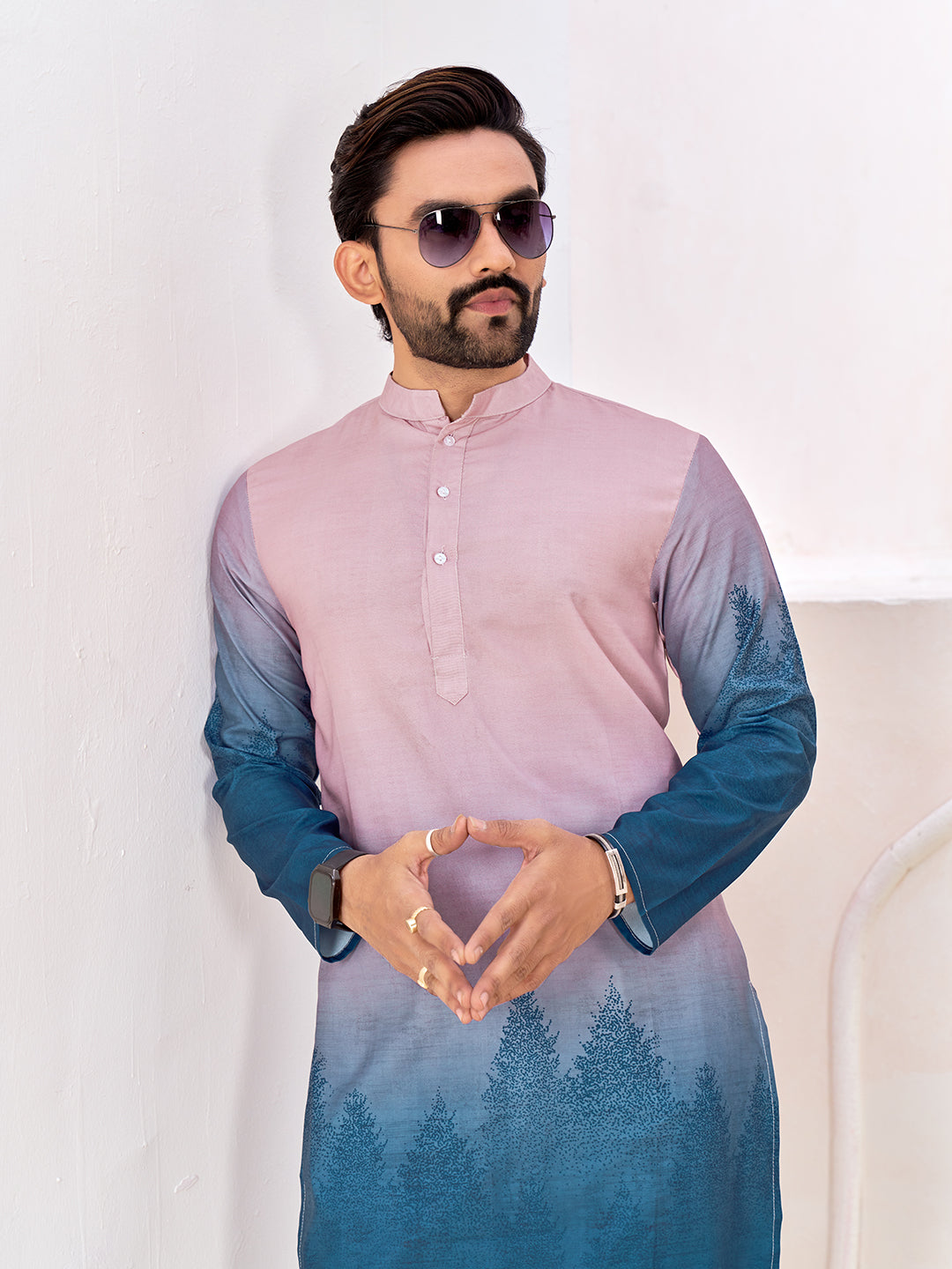 Shopgarb Men's Stylish Pink & Blue Cotton Printed Kurta