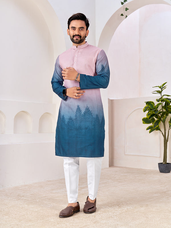 Shopgarb Men's Stylish Pink & Blue Cotton Printed Kurta